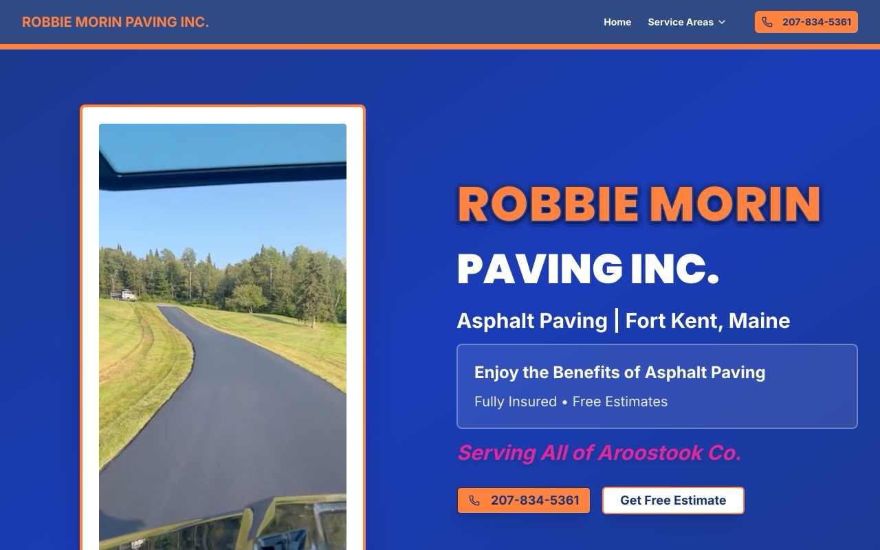 Homepage of the Robbie Morin Paving Inc. website, built by Launchd
