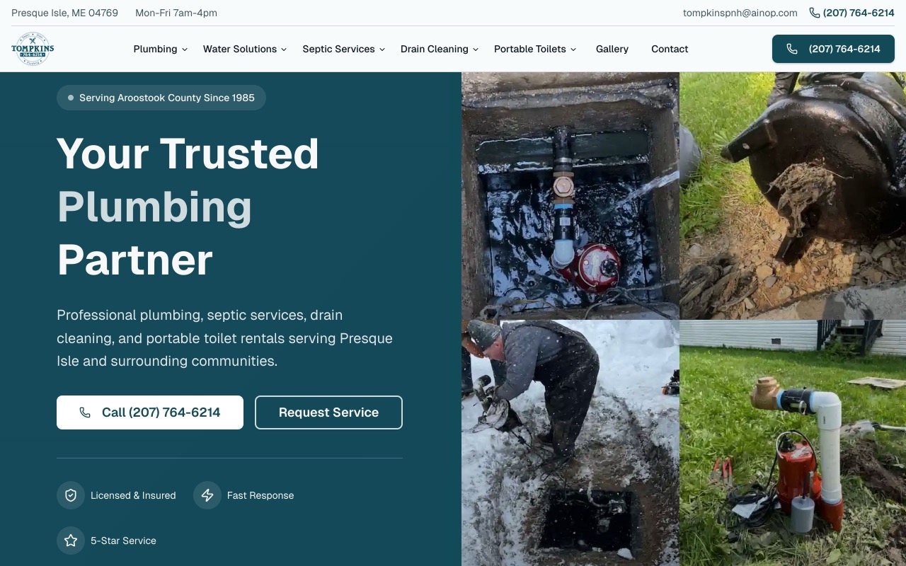 Homepage of the Tompkins Plumbing & Septic Services website, built by Launchd